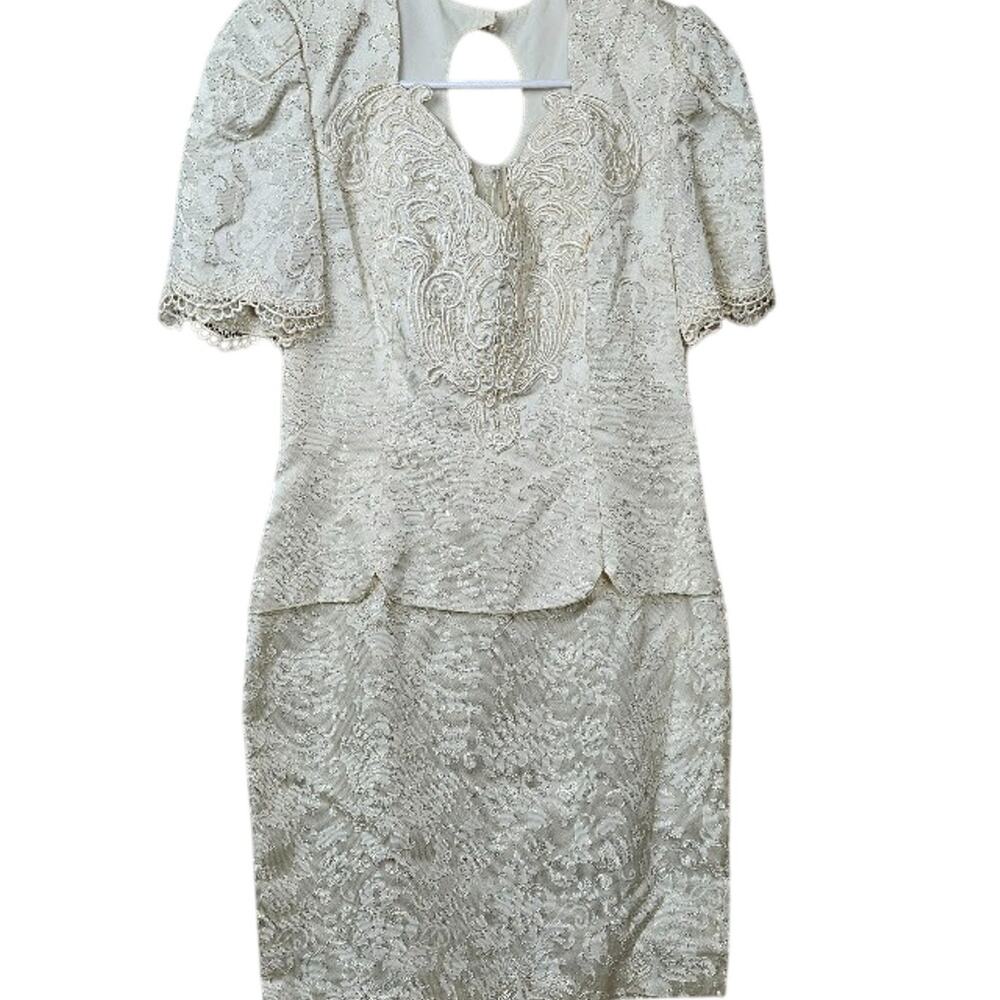 LWD Scott McClintock Ivory Brocade Lace Mini Dress 8 Peplum Vtg 80s Bachelorette